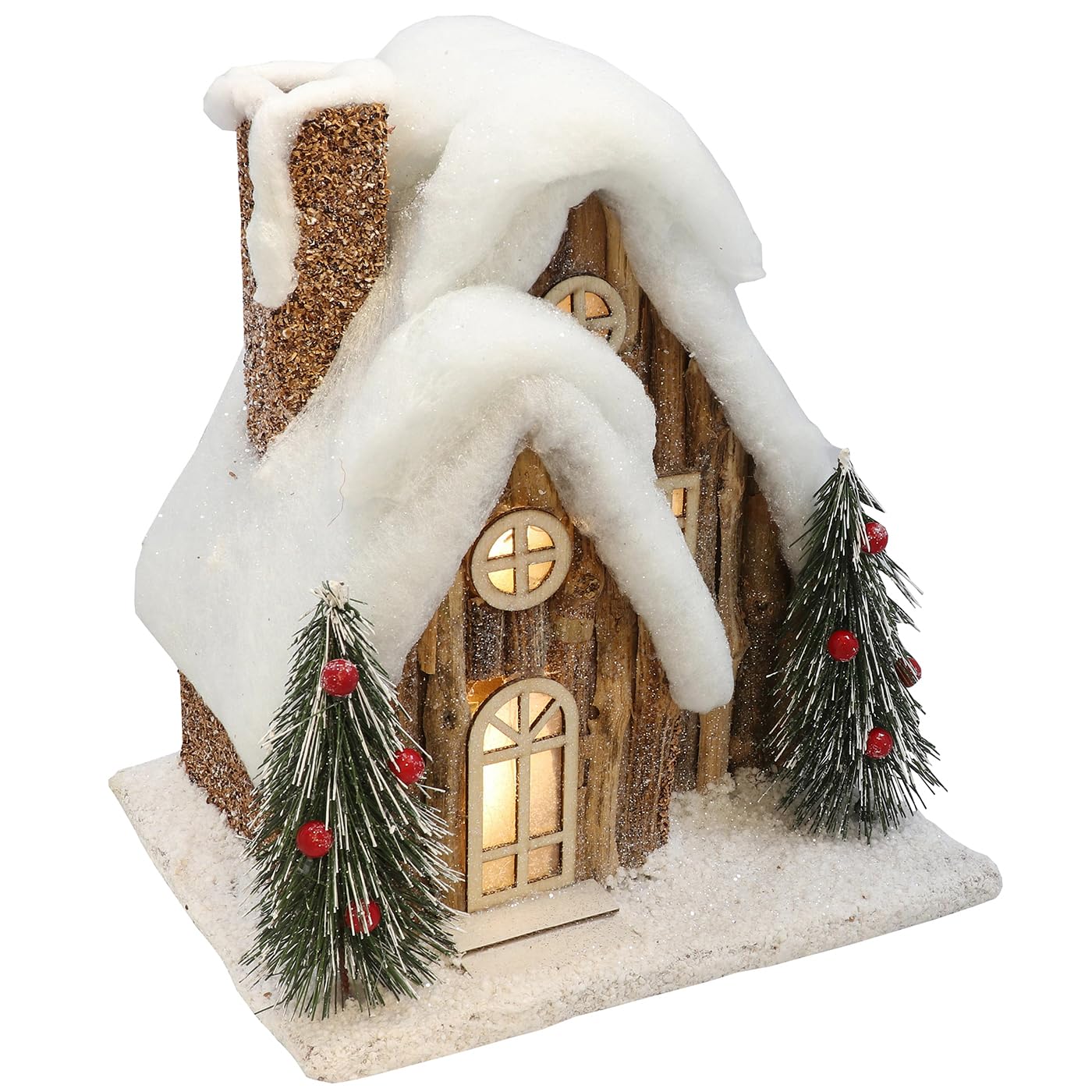 Shudehill Giftware LED Light Up Christmas House Decoration, Rustic Wooden Chalet with Snow-Covered Roof, Mini Pine Trees, Holiday Winter Scene