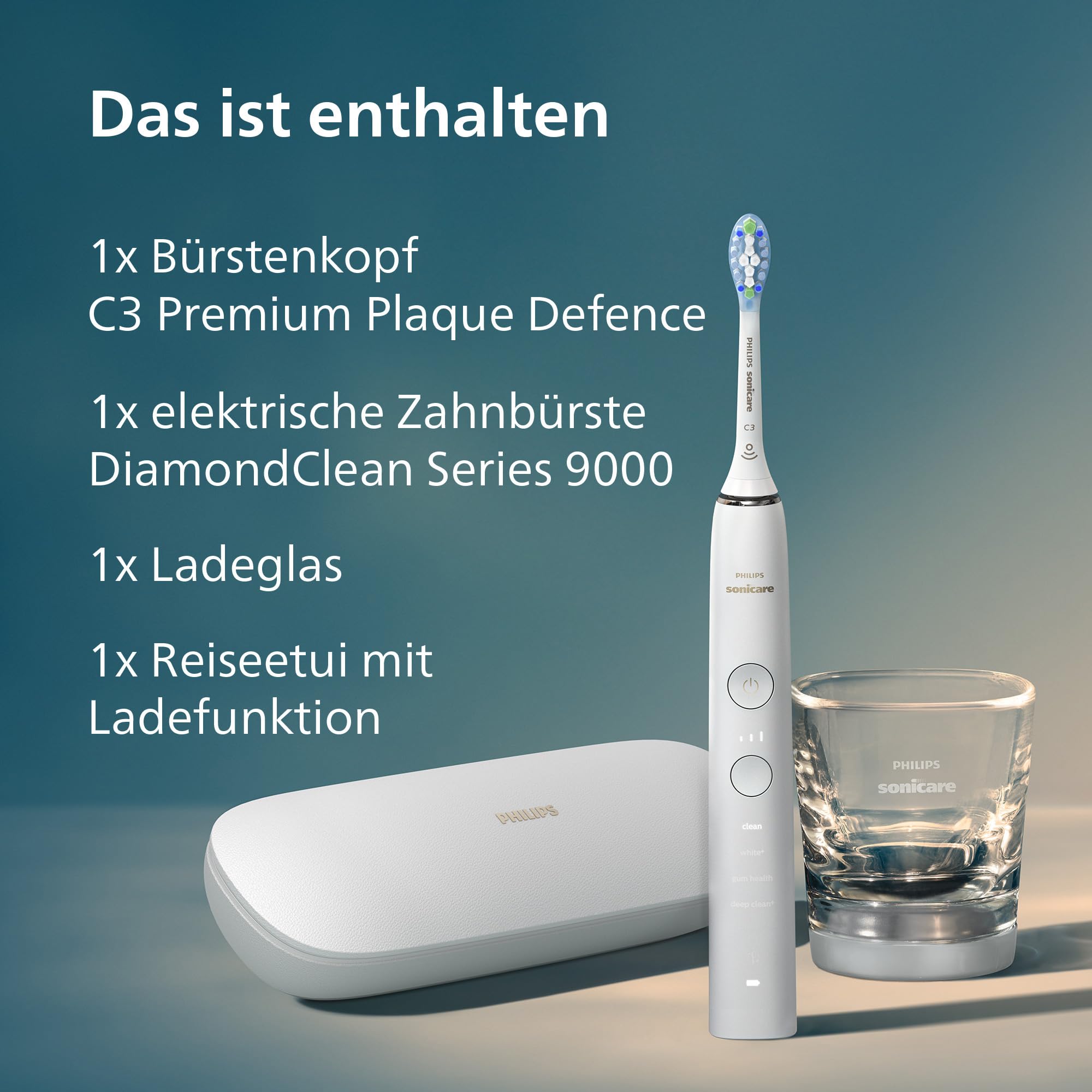 Philips Sonicare DiamondClean 9000 elektrische Zahnbürste, Schallzahnbürste mit App, Drucksensor, 4 Putzmodi, 3 Intensitätsstufen, Ladeglas und USB-Reiseetui, Weiß, Modell HX9911/27
