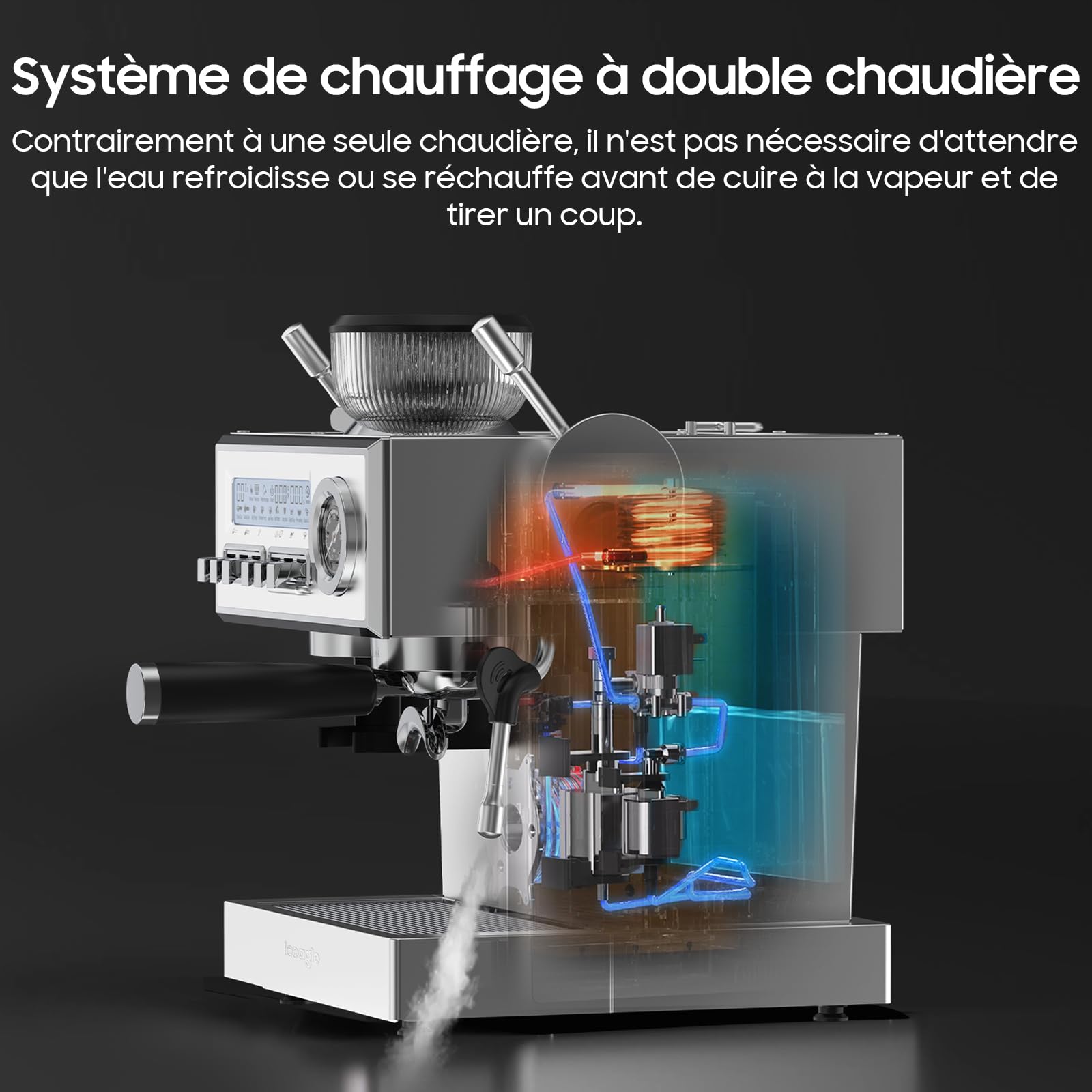 iceagle Machine expresso avec Pompe Italienne de 20 bar, Cafetière a Grain avec Broyeur, Machine à Café avec Mousseur à Lait, Kit Barista, 3 Températures, 25 Niveaux de Mouture, 1,6 litre, Acier Inox