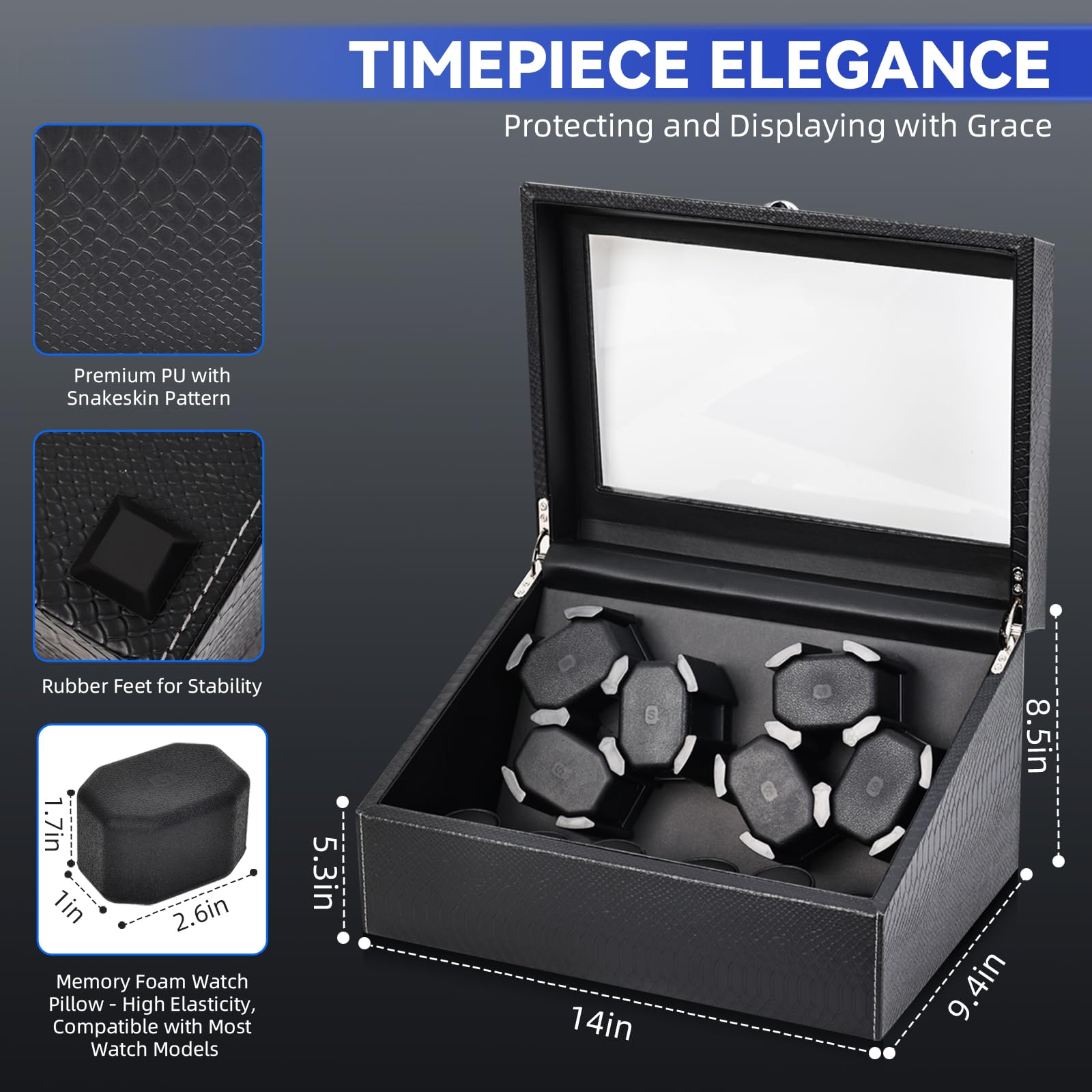 hightall Luxury Automatic Watch Winder for Rolex/Omega/Cartier | 6+6 for Automatic Watches with Whisper-Quiet Motor (<5dB), Anti-Scratch Memory Foam & Stable Base | Snakeskin PU,with Plug