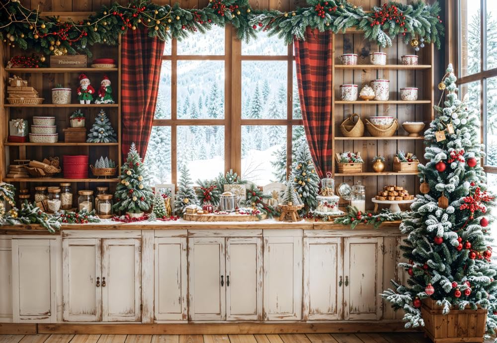 Kate 2,2 × 1,5 m sfondo natalizio fotografia inverno cucina interna albero di Natale davanzale finestra sfondo fotografia per Natale Capodanno decorazione foto video sfondi