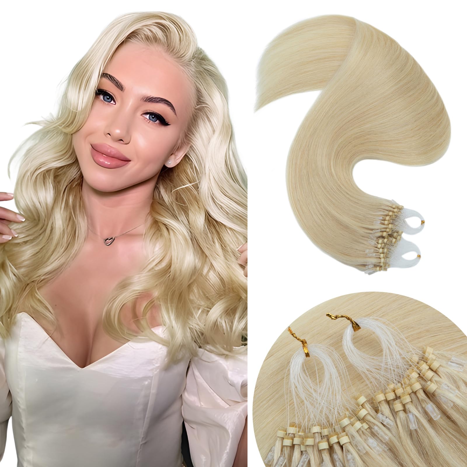 Elailite Micro Loop Hair Extensions Real Human Hair 1g/s 50 Strands 50g With Micro Ring Beads Remy Hair Straight (#60 Platinum Blonde