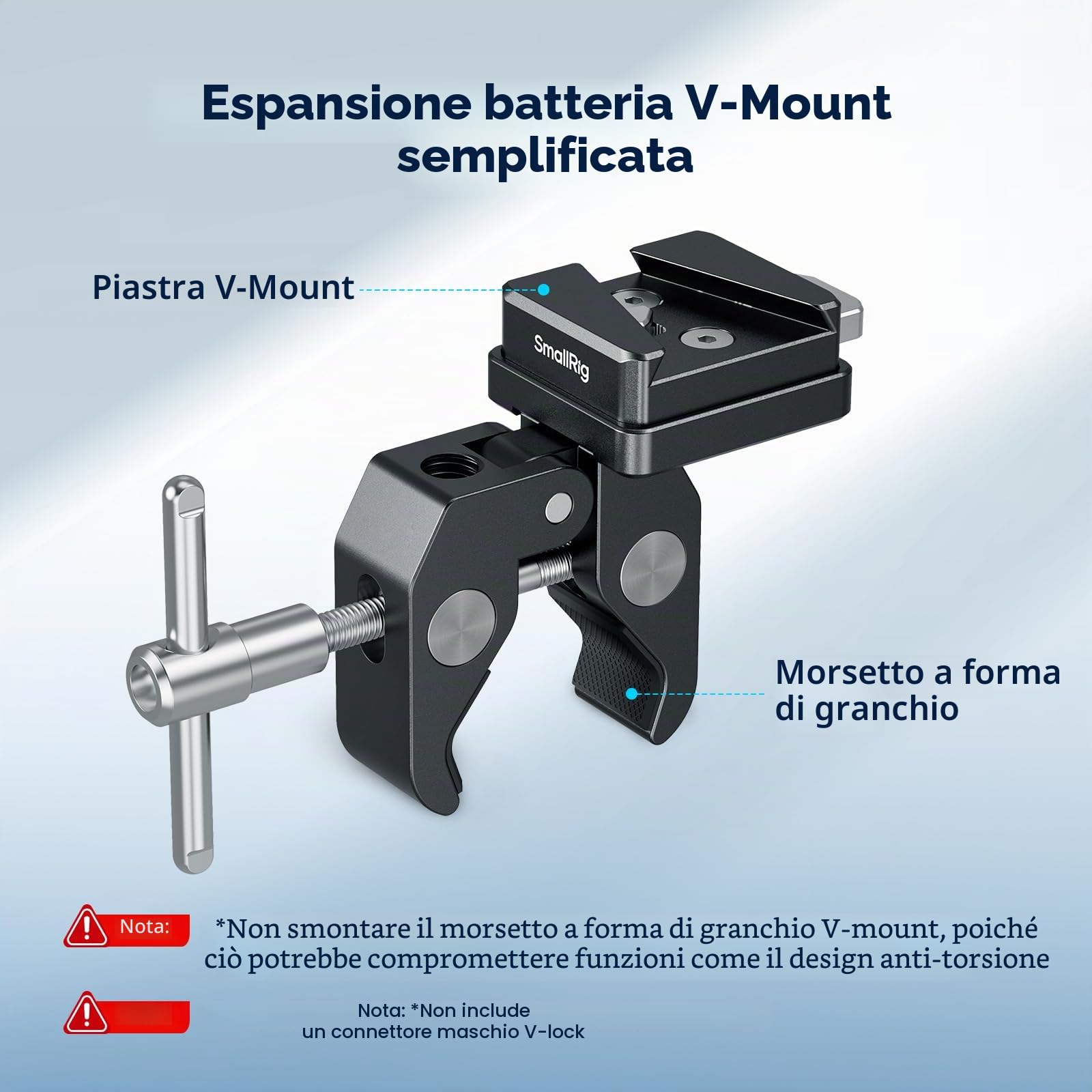 SMALLRIG V-Mount 5313 - Morsetto antiscivolo a forma di granchio, 15-40 mm, portata 1,5 kg, compatibile con più marche di batterie V-Mount