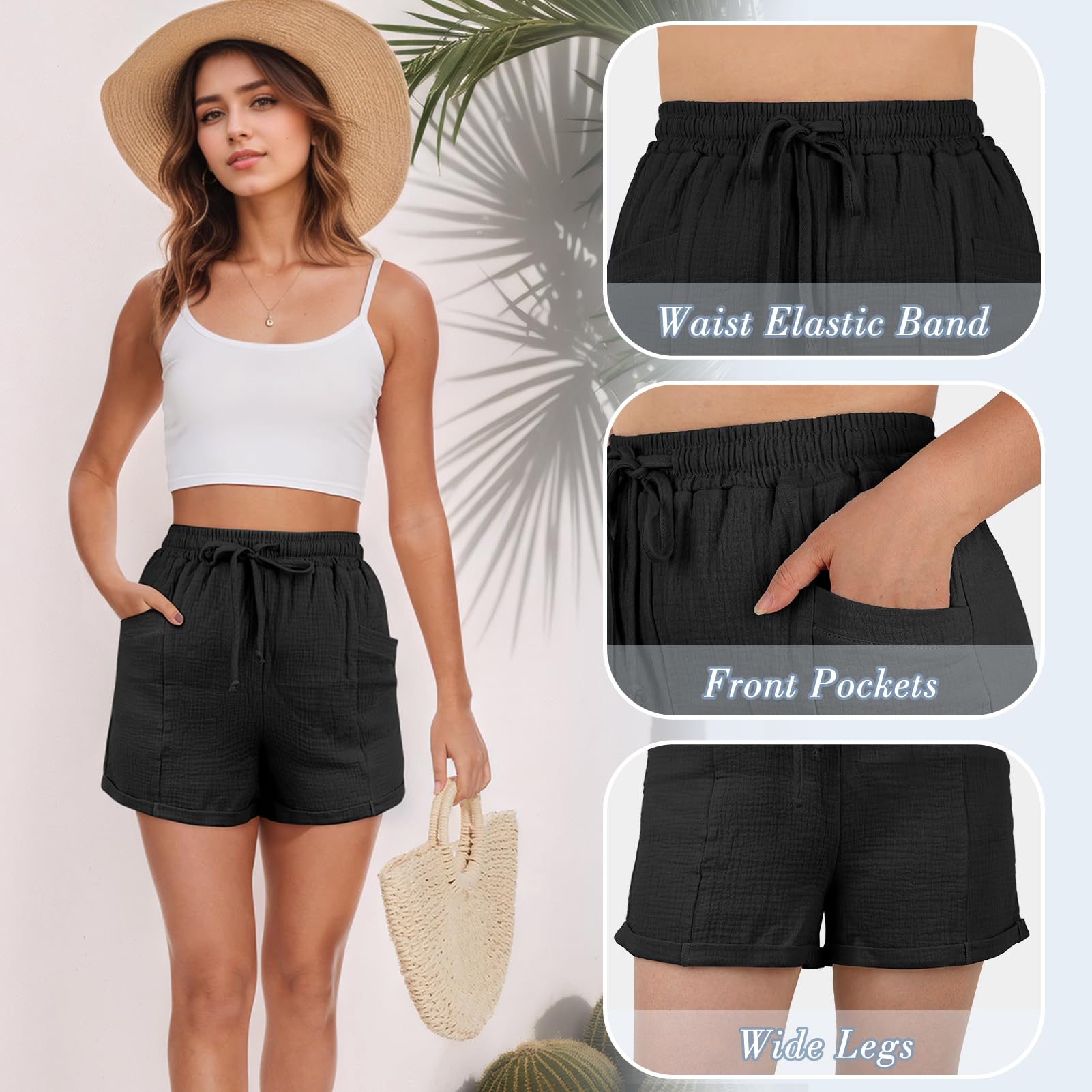 Musselin Kurze Hose Damen Sommer Leinen Shorts Damen Baumwolle Weite Kurze Hosen mit Taschen Lässige Stoffhose mit Kordelzug Leinenhose