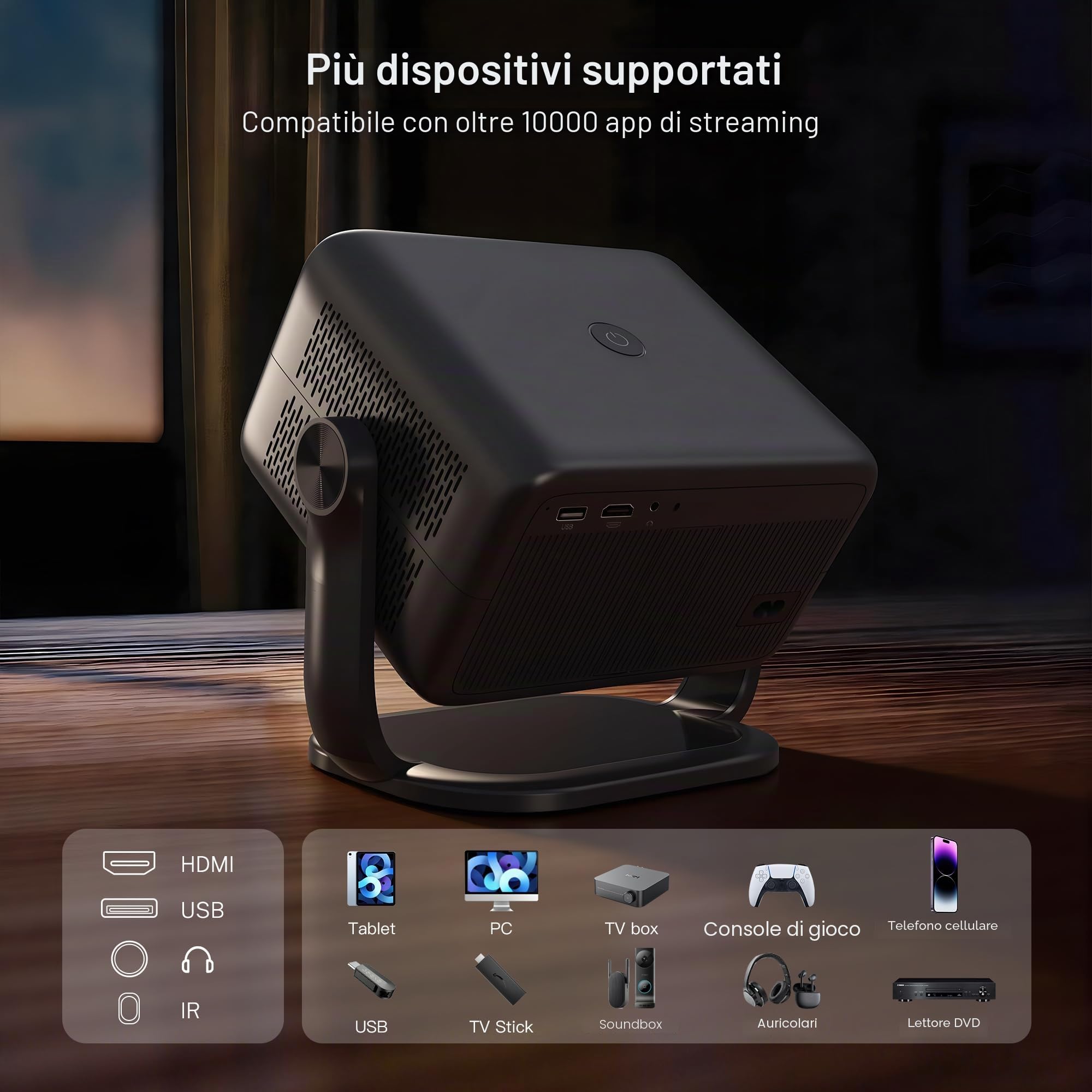 [Controllo vocale KI/Android 14] Smart Beamer, 1080P nativo, 4K supporto | 800 ANSI, audio HiFi, messa a fuoco automatica/correzione trapezoidale, WiFi 6 & BT 5.4, proiettore home cinema