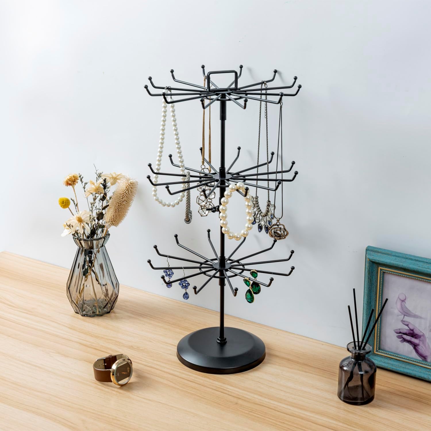 MyGift 3 Tier Classic Large Black Metal Jewelry Tree Holder Organizer with 360 Degree Rotating Arms, Spinning Necklace and Bracelet Tower Display Stand with 36 Hooks and Top Card Holder For storage - Image 5