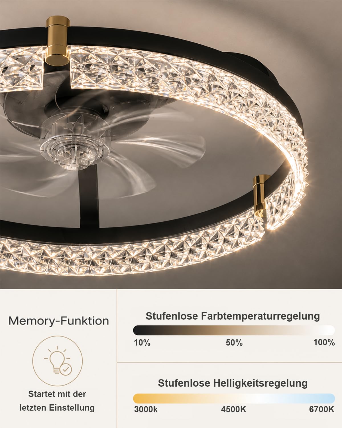 Airwit 50cm Deckenventilator mit Beleuchtung, Lampe mit Ventilator in Glasoptik, Deckenlampe mit Ventilator leise dimmbar, 3000K-6000K stufenlos, 6 Windstufen, Timer 1/2/4H, App Fernbedienung, Schwarz