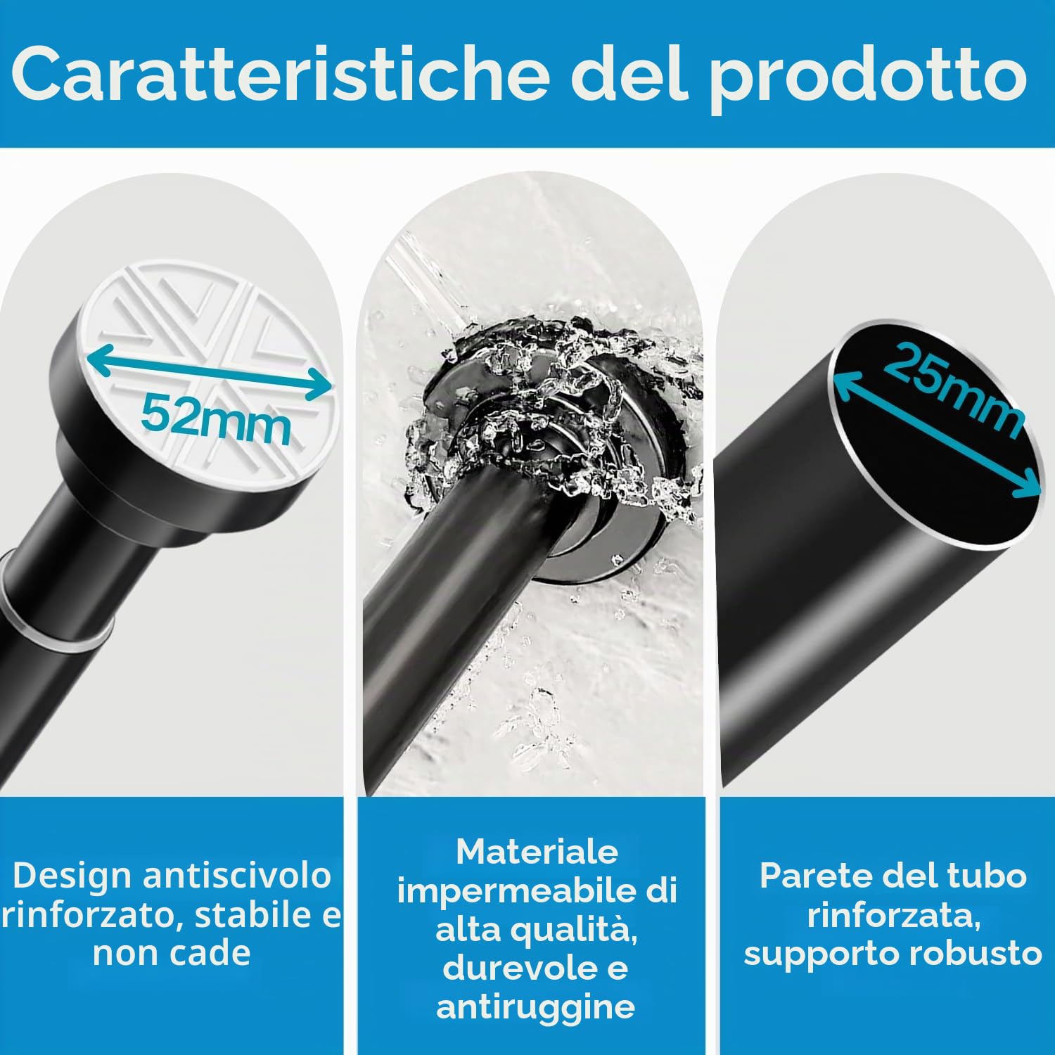 Bastone Tenda Doccia Bastone Per Tenda a Pressione Senza Foratura Estensibile Asta Tenda a Pressione per Doccia, Diametro 25mm, 85-160cm, Bianco(1 Pezzo)