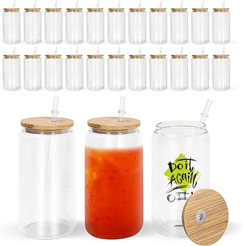 sweet grain Vidrio de sublimación transparente con tapa de bambú, 16 onzas, 25 unidades, vaso de sublimación de boca ancha para café helado, jugo,