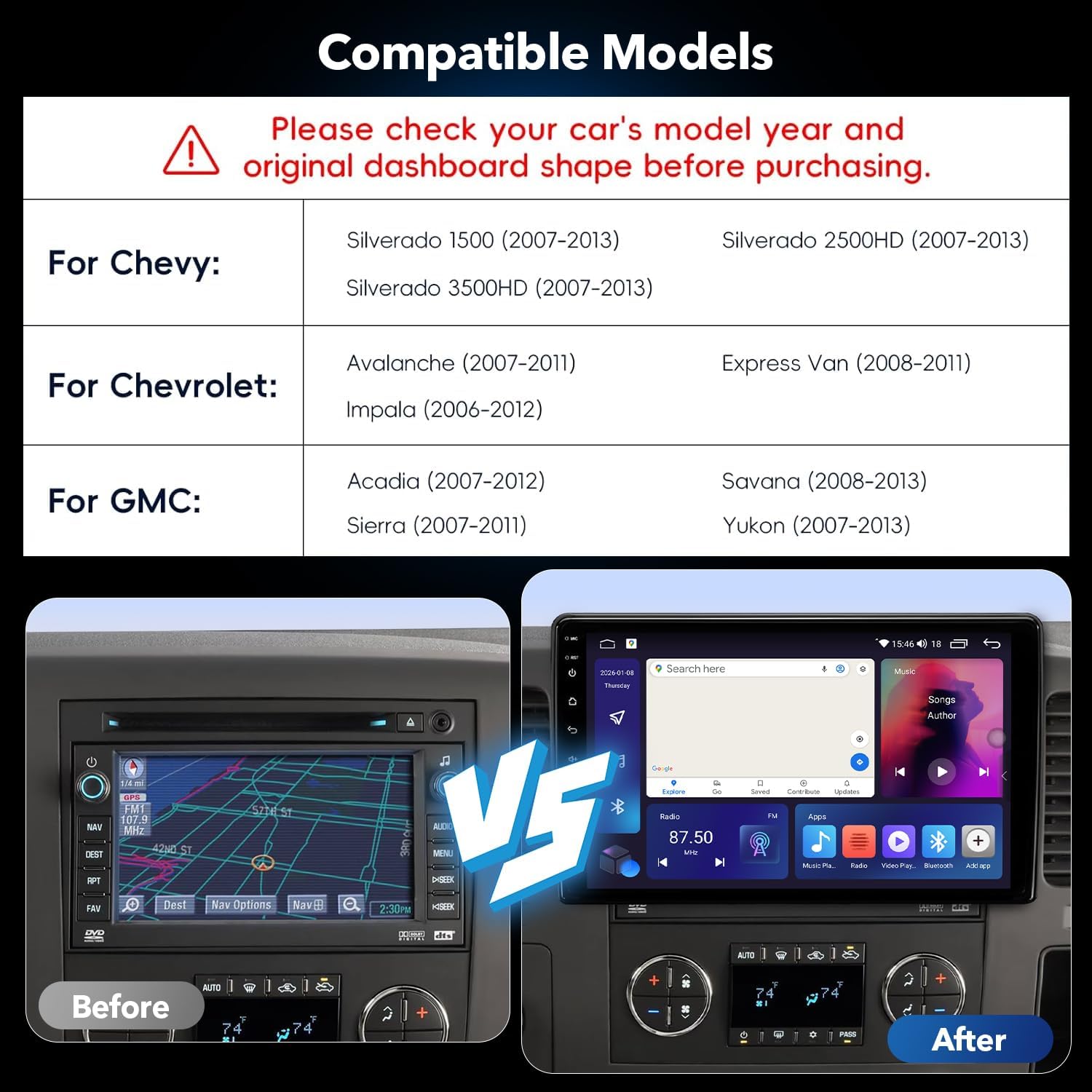 8 Core 4+64GB Car Radio Stereo Upgrade for Chevy Silverado 2007-2013 GMC Sierra Yukon, Plug and Play 10.2" Android 13 Head Unit with Wireless Carplay/Android Auto/1080P Rear View Camera