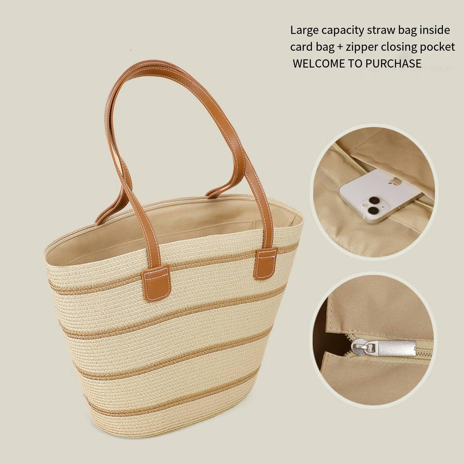 Strohtaschen Damen Mode -strohbag - Große Kapazität Frauen Schultertasche, Gewebte Strandhandtasche Im Französischen Stil Für Den Urlaub-Khaki