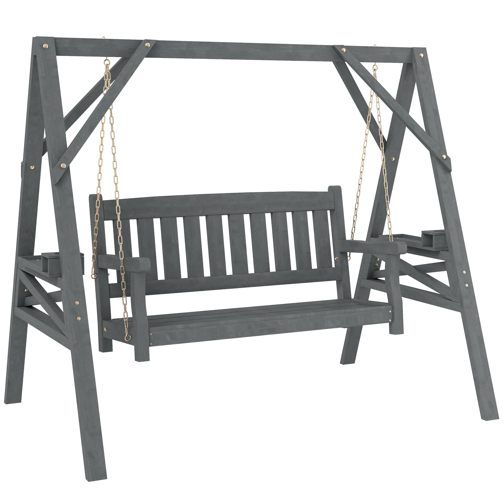 Outsunny Hollywoodschaukel, 2-Sitzer Gartenschaukel aus Holz, Holzschaukel mit Ablagen, Schaukelbank bis 250kg belastbar, für Garten, Terrasse, 183 x 120 x 160cm, Grau