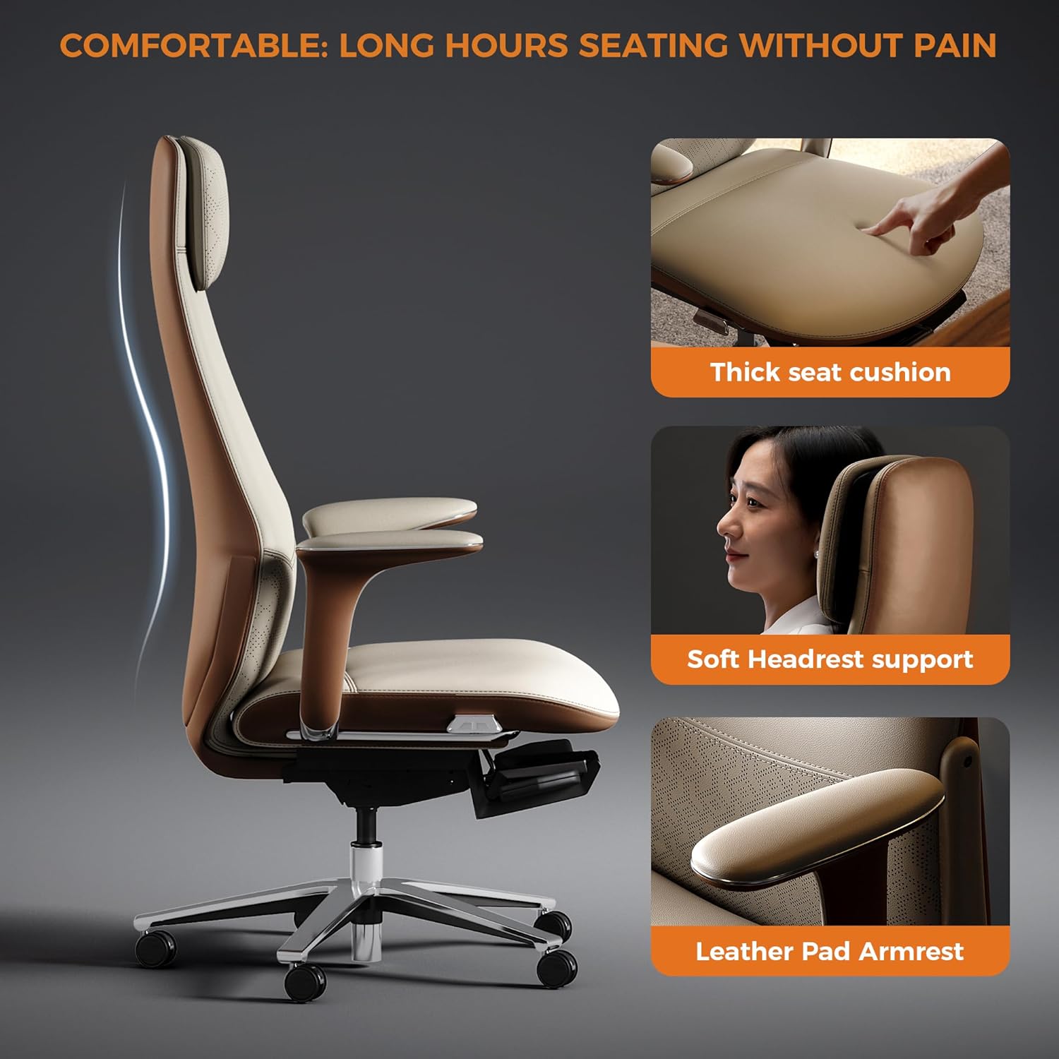 TOMU Executive Office Chair with Foot Rest, Top Grain Genuine Leather Office Chair, Ergonomic High Back Design. Real Leather, Wheels, Alumium Base. Padded Armrest, Luxury and Comfy (Beige)