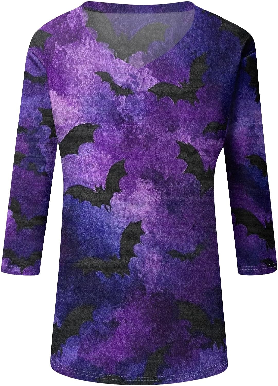 Women’s Casual V Neck Three Quarter Sleeve Top with Halloween Bat and Cloud Print Relaxed Fit Pullover