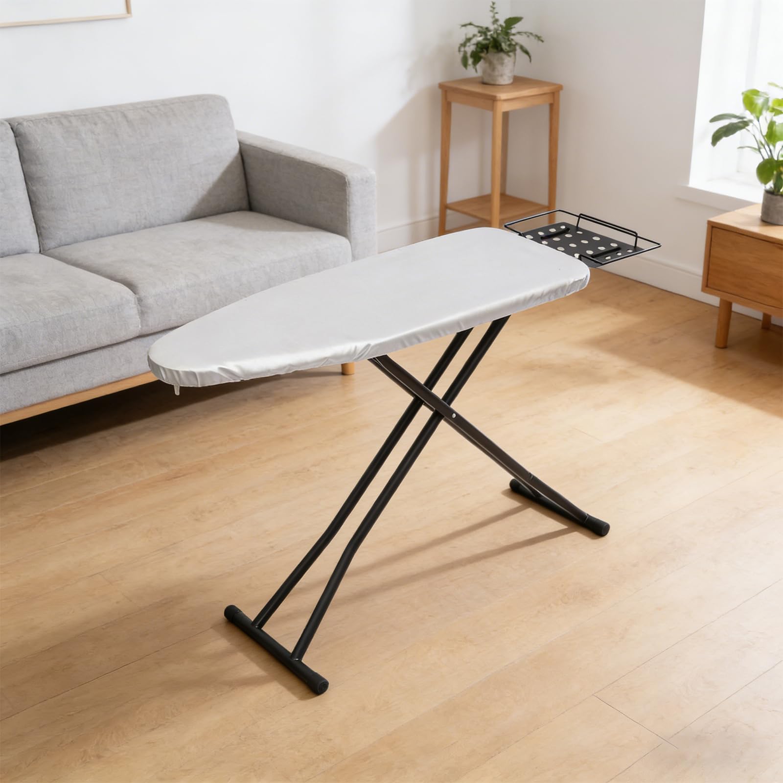 Soporte plegable para tabla de planchar con marco de acero resistente y patas antideslizantes para uso doméstico y de lavandería compacta