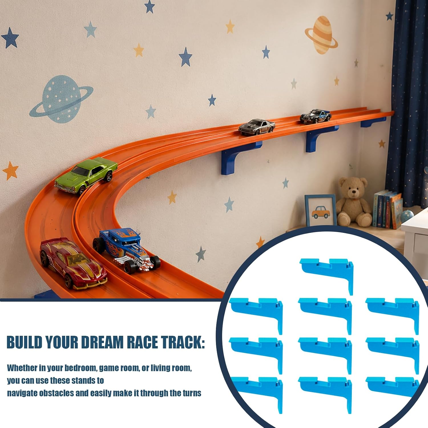 10pc Compatible Wall Track Mount Kit - Space-Saving wall mounts for Race Tracks, Featuring high-tack, Residue-Free Double-Sided Tape, Compatible with Single- and Double-Lane Tracks