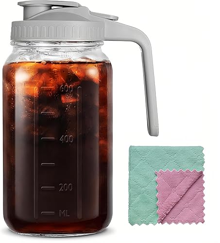 Miniatura 10 de Jarra de vidrio de 64 onzas con asa y tapa, tarro Mason de 2 cuartos de galón, jarra de agua grande, recipientes de vidrio para refrigerador, jarra