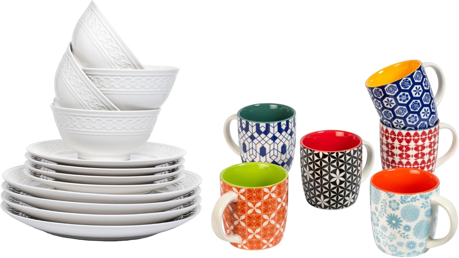 Annovero 11.7oz Mugs, Twelve Piece Set | Cute and Colorful Porcelain Dinnerware for Kitchen | Microwave and Oven Safe.