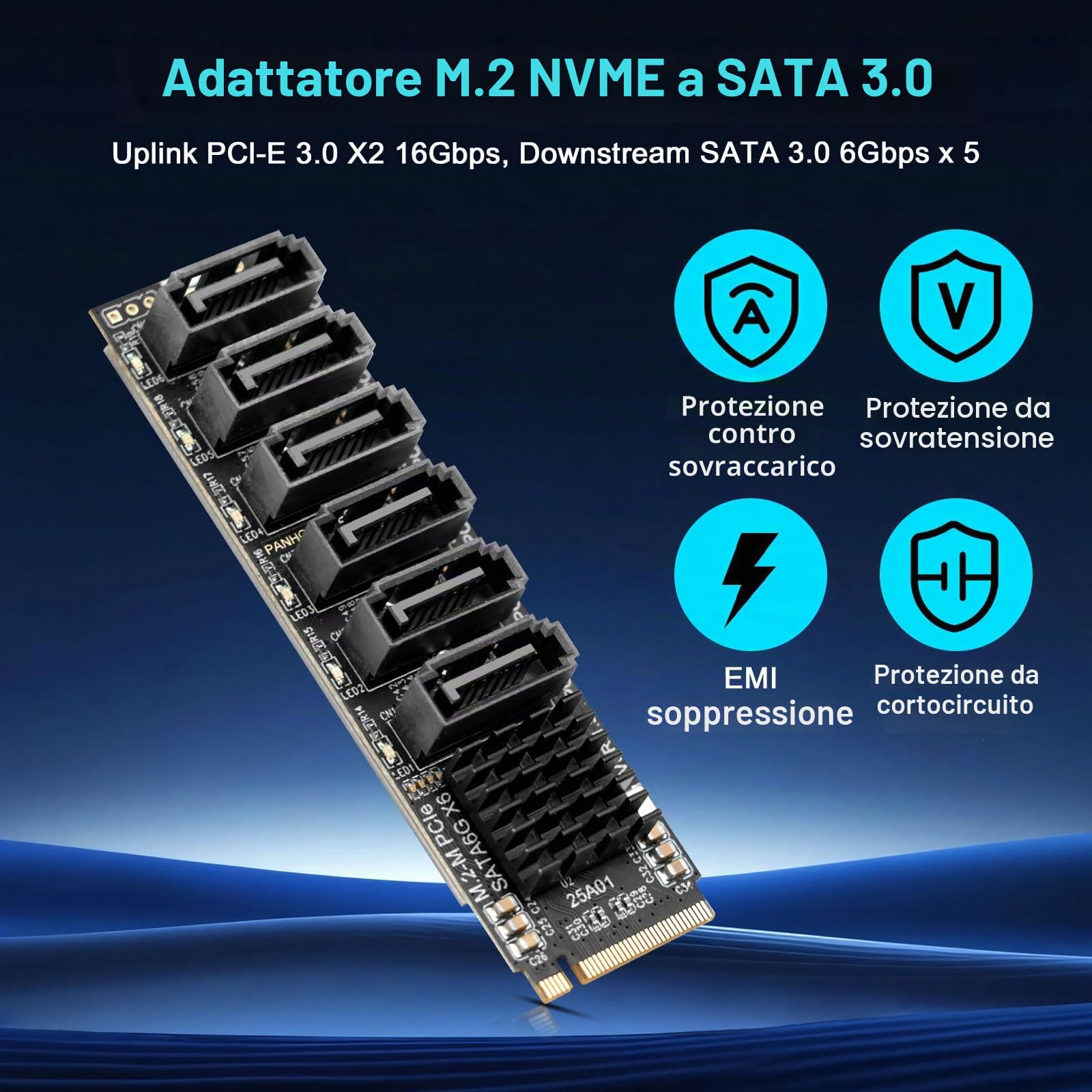 Scheda Exaio da M.2 a SATA3.0, controller PCIe SATA 3.0 a 6 porte per chip ASM1166, scheda adattatore PCIE3.0 X2 16G, supporto SATA3.0 6G X 6, dispositivo SATA 6