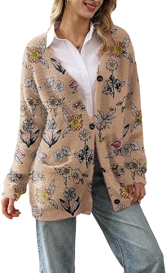 YESNO Cardigan Sweaters for Women Open Front Sweater Graphic V Neck Knit Tops with Pockets S01TYP3