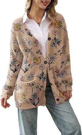 YESNO Cardigan Sweaters for Women Open Front Sweater Graphic V Neck Knit Tops with Pockets S01TYP3
