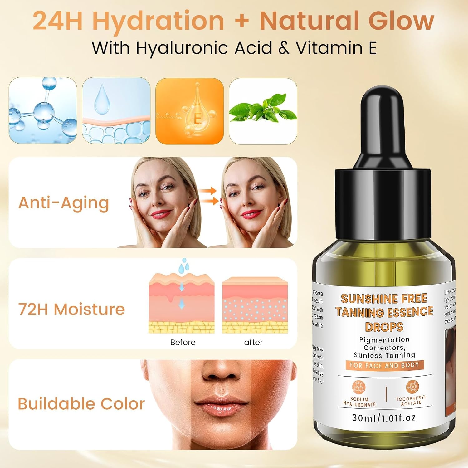 Sunless Tanning Drops for Face & Body – Natural Looking Self Tanner with Hyaluronic Acid & Vitamin E – Buildable Gradual Bronze Glow – Lightweight, Fragrance Free & Cruelty Free