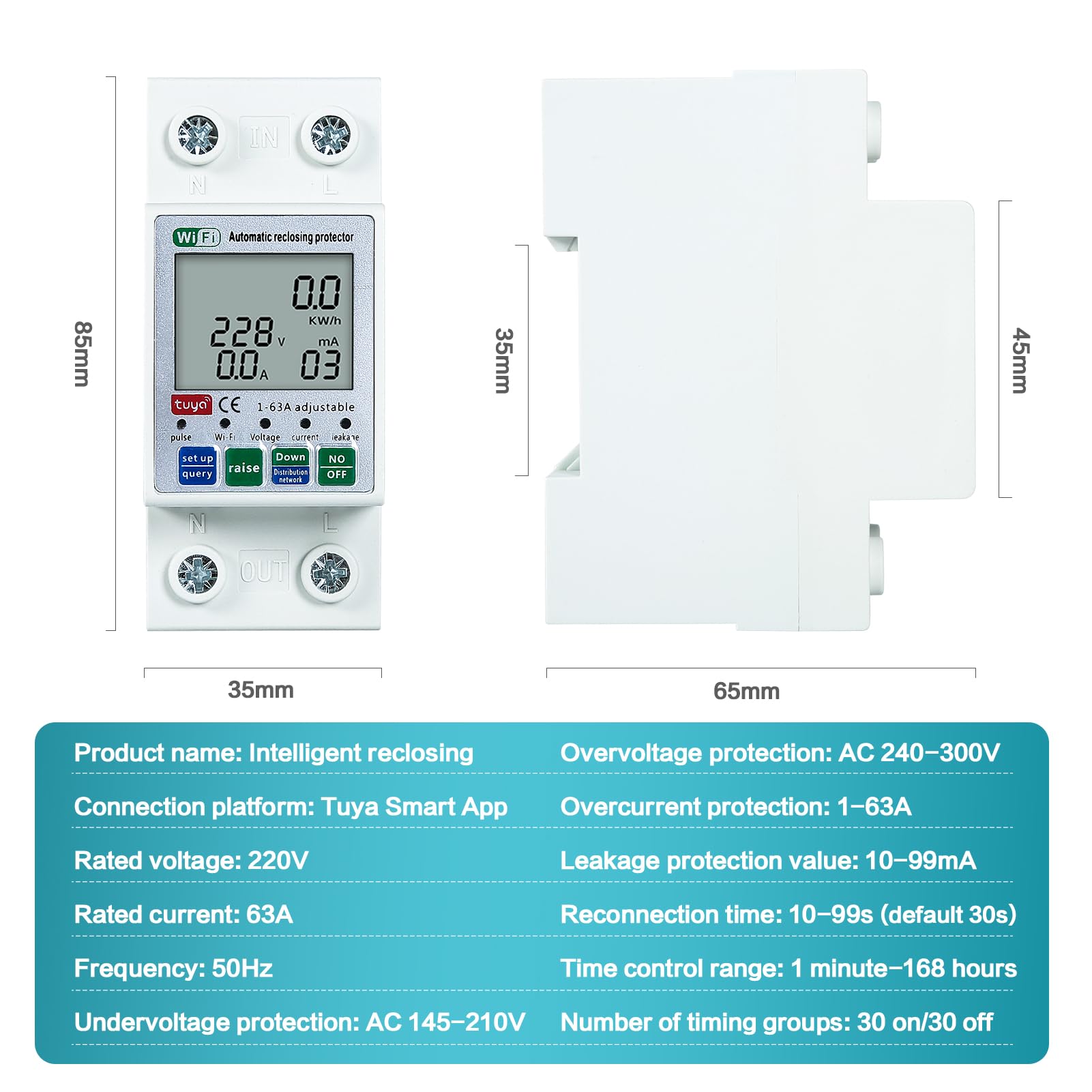 Jadeshay Disjoncteur WiFi Intelligent Interrupteur Connecté, Protecteur de Réenclenchement Intelligent Tuya WiFi Commutateur avec Protection Contre Les Surtensions et Les sous-Tensions