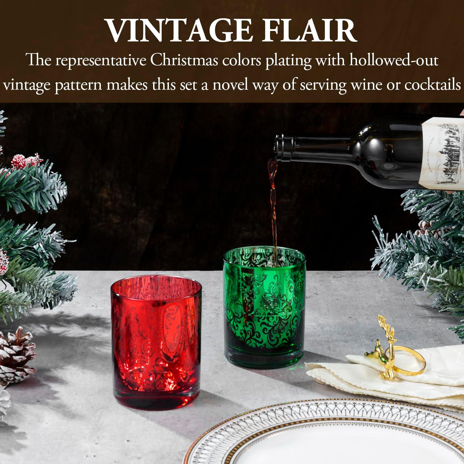 MyGift 12 oz Holiday Multicolor Double Old Fashioned Glasses with Etched Baroque Pattern, Metallic Gold Silver Red Green Color Lowball Whiskey Drinking Glass, 4 Piece Set