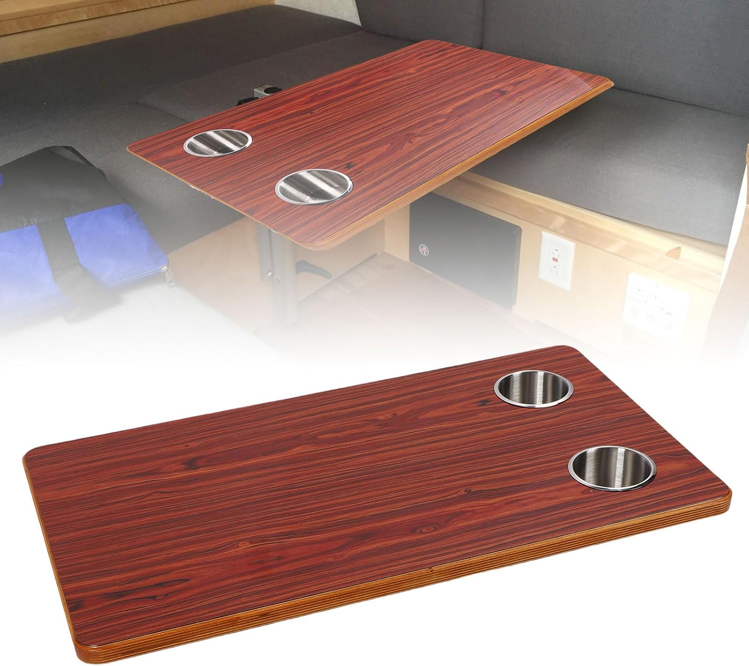 RV Table Top, Solid Wood Rectangular Table with Stainless Steel Cup Holders, Boat Yacht Table for Trailer Dining Leisure Activities