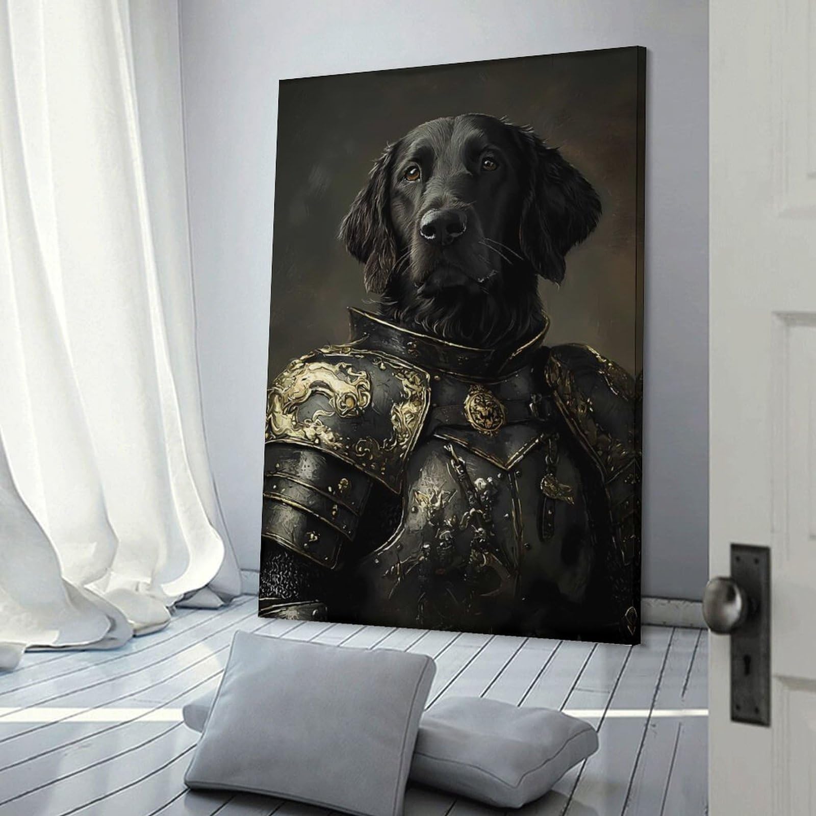 Junmoney Frame-Style-25 Flat-Coated Retriever Knight Decorative Canvas Print, 24X36inch(60X90cm), For Gallery Wall Decor And Room Displays, Wall Decor Suited To Curated Displays
