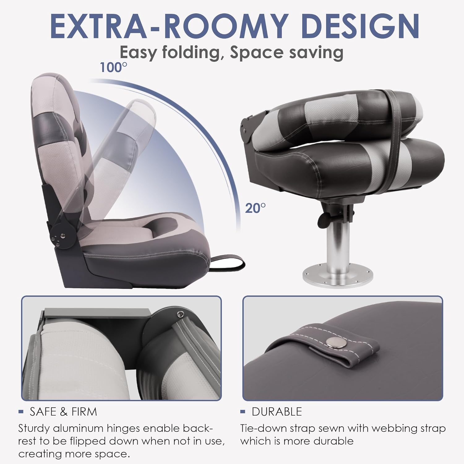 Deluxe High Back Boat Seat, Fold-Down Fishing Boat Seat Grey/Charcoal