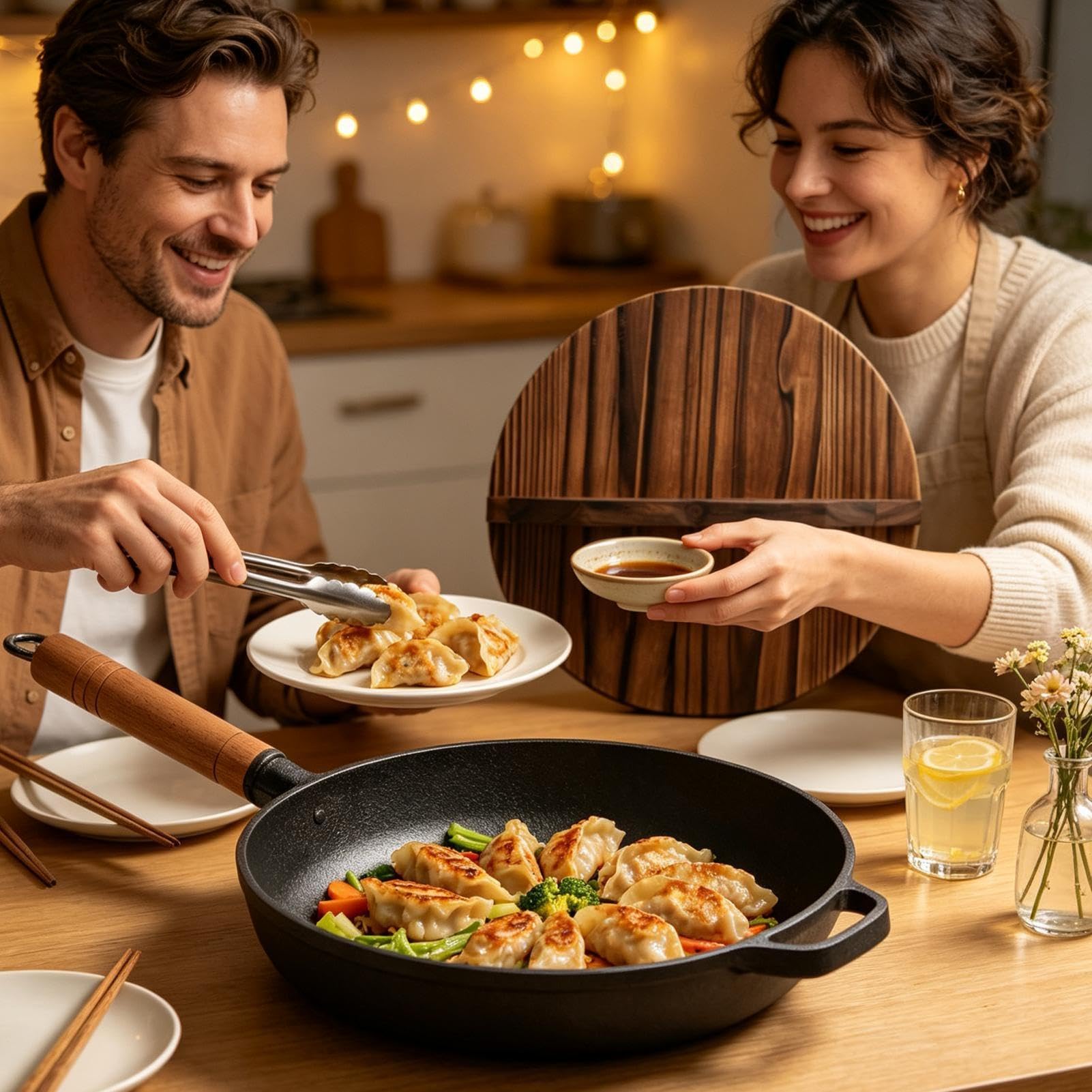 Genérico Sartén Hierro Fundido Con Tapa Olla Portátil Con Mango De Madera | Plancha Grill Cocina Para Sellar Hornear Cocinar Acampar Cocina Hogar Tortilla Pescado Huevos Panqueques