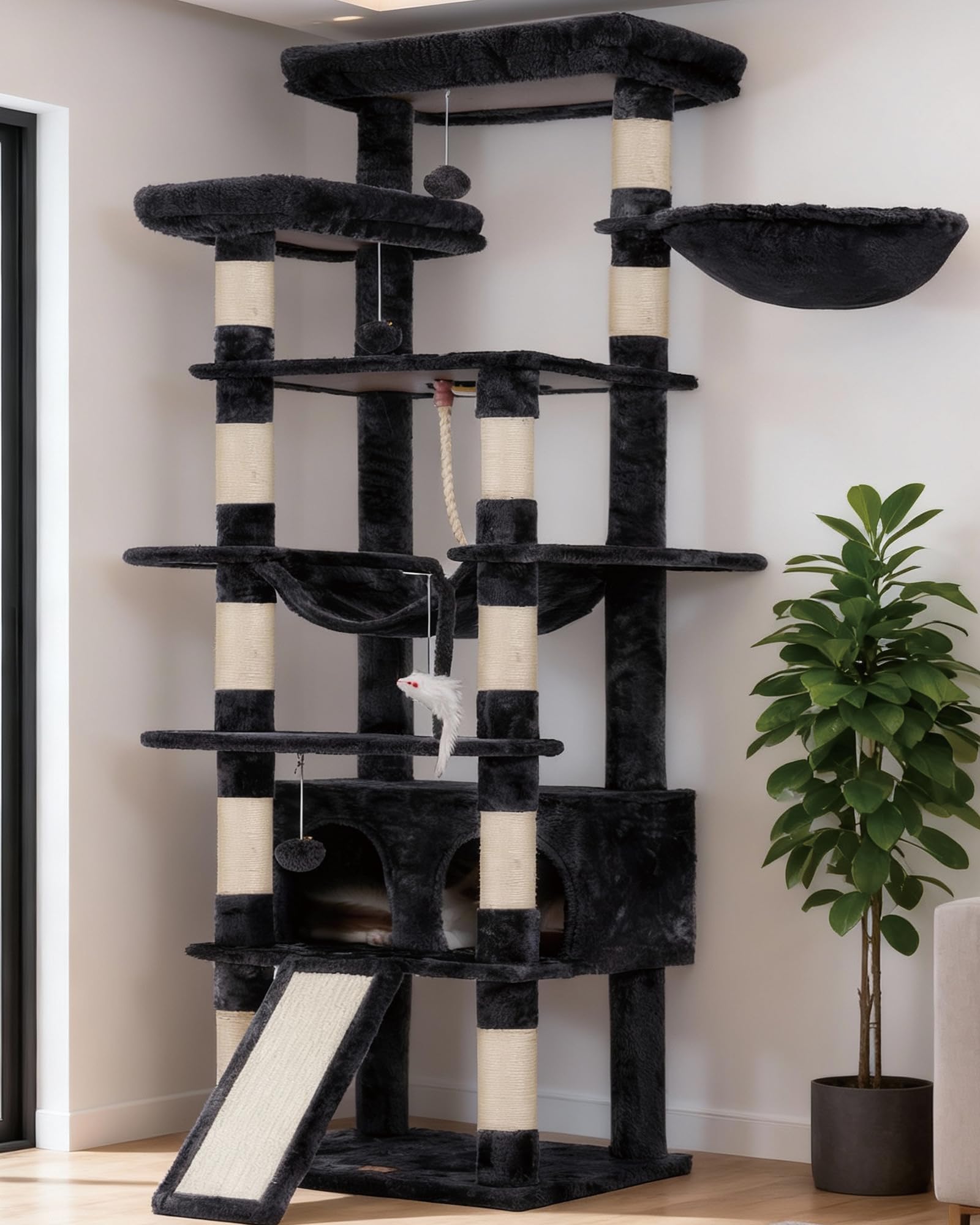 Heybly Hebly Tall Cat Tree for Large Cats 20lb Heavy Duty,78 inch Multi-Level Cat Tower for Indoor Cats,2 Widened Plush Perches Cat Condo with Scracthing Board and Big Caves,Smoky Gray HCT033G