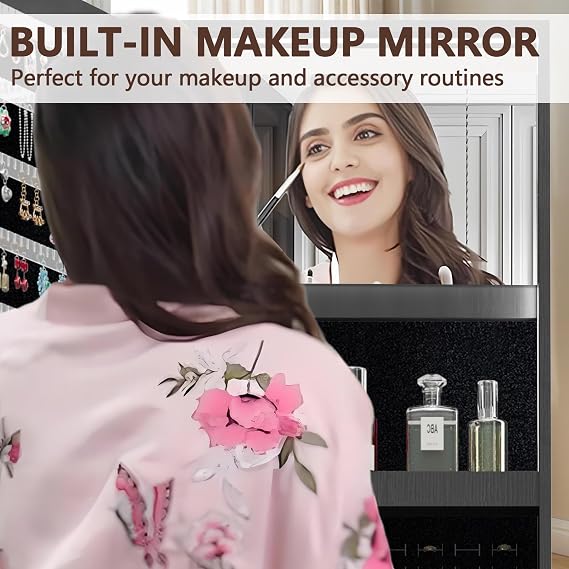 360 Swivel Jewelry Armoire with Full-Length Mirror, Lockable Standing Jewelry Cabinet Organizer w/ Inside Makeup Mirror, Back Storage Shelves for Bedroom, Cloakroom, Living Room (Antique Black1)