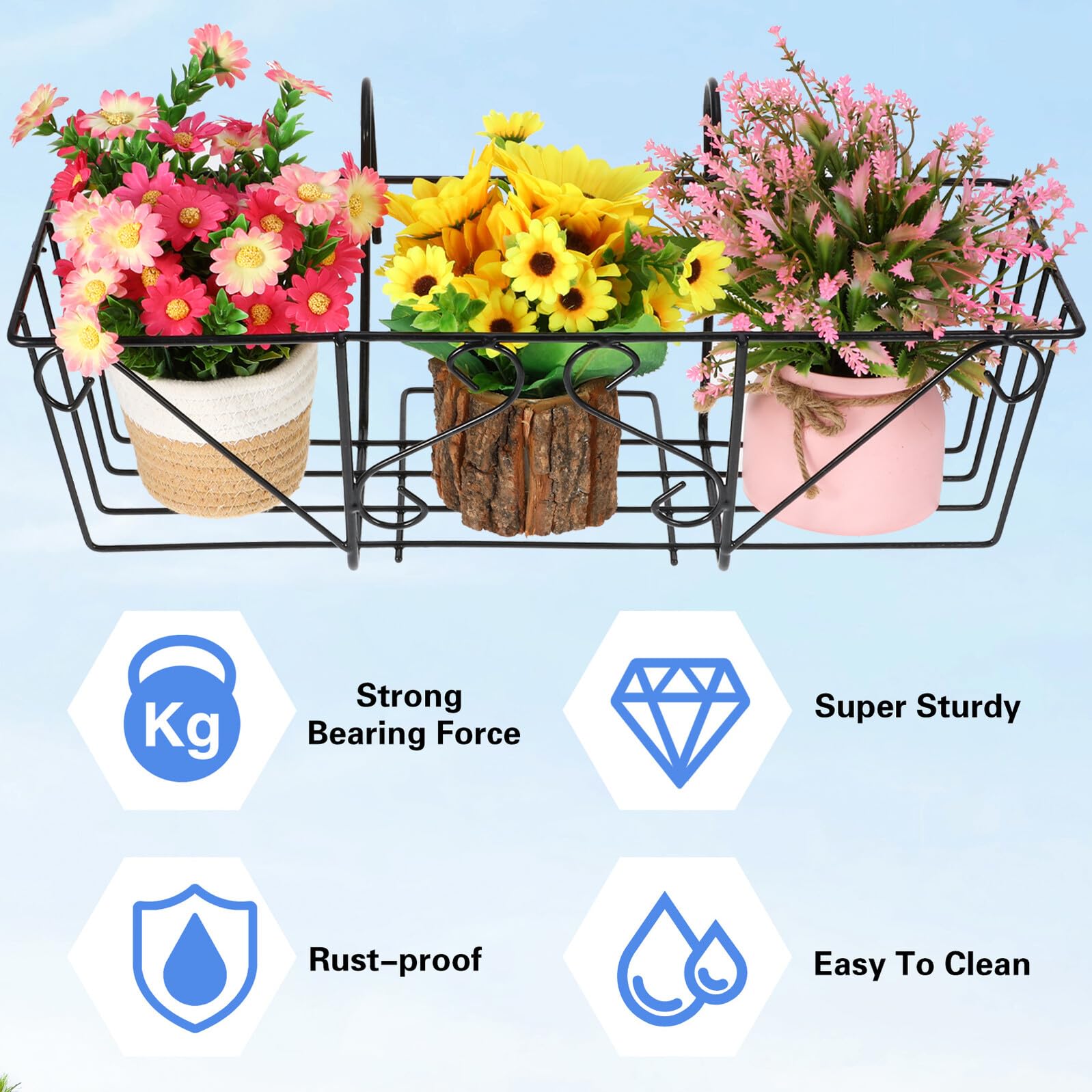 Homoyoyo Supporto per Piante in Ferro da Balcone Sospeso, Portavasi Ringhiera Nero in Metallo Robusto, Supporto Porta Fiori Versatile per Cucina, Giardino e Tavolo