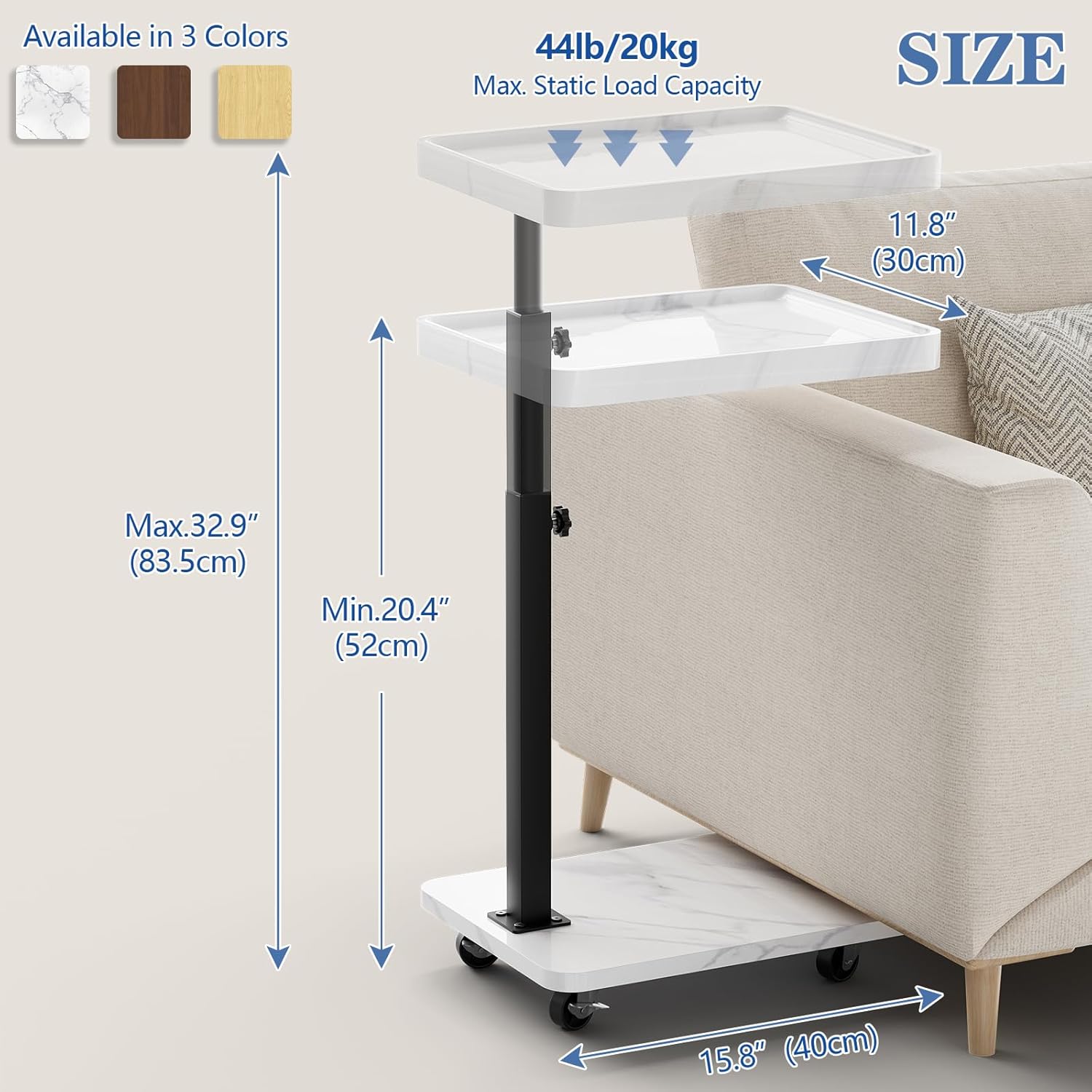 Adjustable Tv Trays for Eating on Couch That Slide Under,360° Swivel C Shaped End Sofa Side Snack Table with Wheels for Living Room and Bedroom, Bed,Chair, (White Marble+Black)