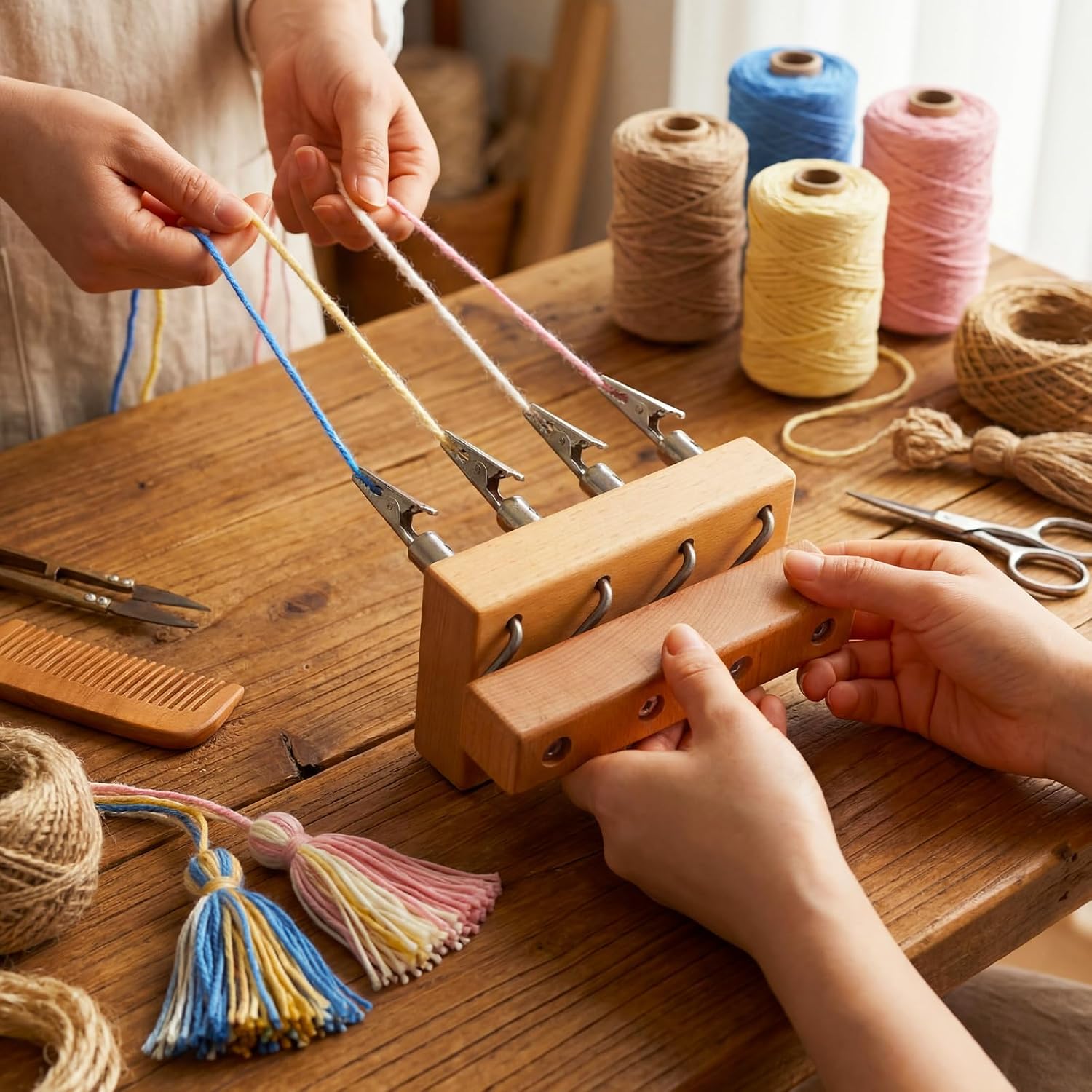 Fumete Fringe Twister with 4 Clips Wood Cording Maker Tool for Quickly Twisting Yarn Fringe Twister for Weaving, Knitting, Tassel Rope Making Machine, Handwoven Garment, Knitted Scarf, Needle Work