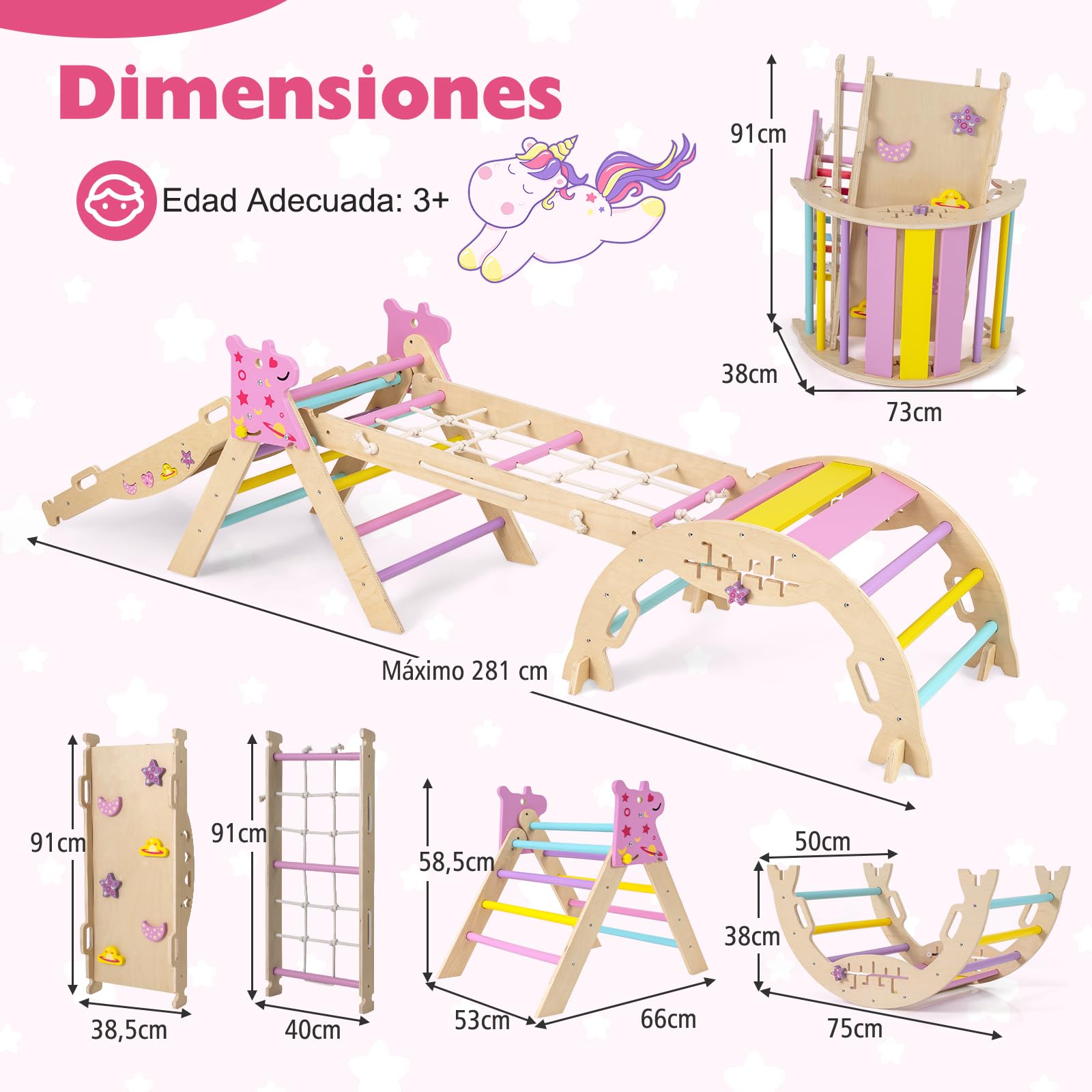 GOPLUS Triángulo de Escalada 9 en 1, Montessori Escalador Infantil Plegable con Tobogán, Estructura de Escalada con Arco, Rampa, Slide Aprendizaje para Niños de 1+ Año, Carga 50KG (Macaron,Unicornio)