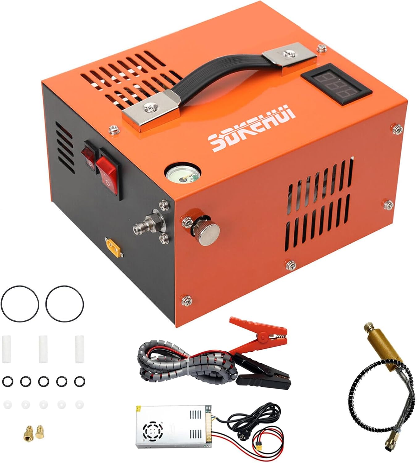 PCP Air Compressor, 4500PSI Portable Oil-Water Separator Esiccant PCP Compressor, 12V DC/110V AC PCP Airgun Compressor, QF adapter, Built-in Fan, Suitable for Paintball, Air Rifle, Scuba Bottle