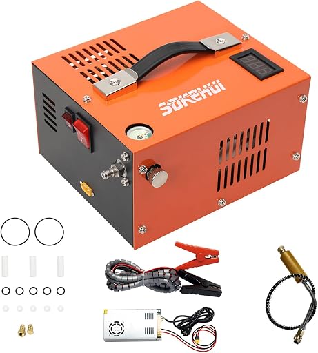 PCP Air Compressor, 4500PSI Portable Oil-Water Separator Esiccant PCP Compressor, 12V DC/110V AC PCP Airgun Compressor, QF adapter, Built-in Fan, Suitable for Paintball, Air Rifle, Scuba Bottle