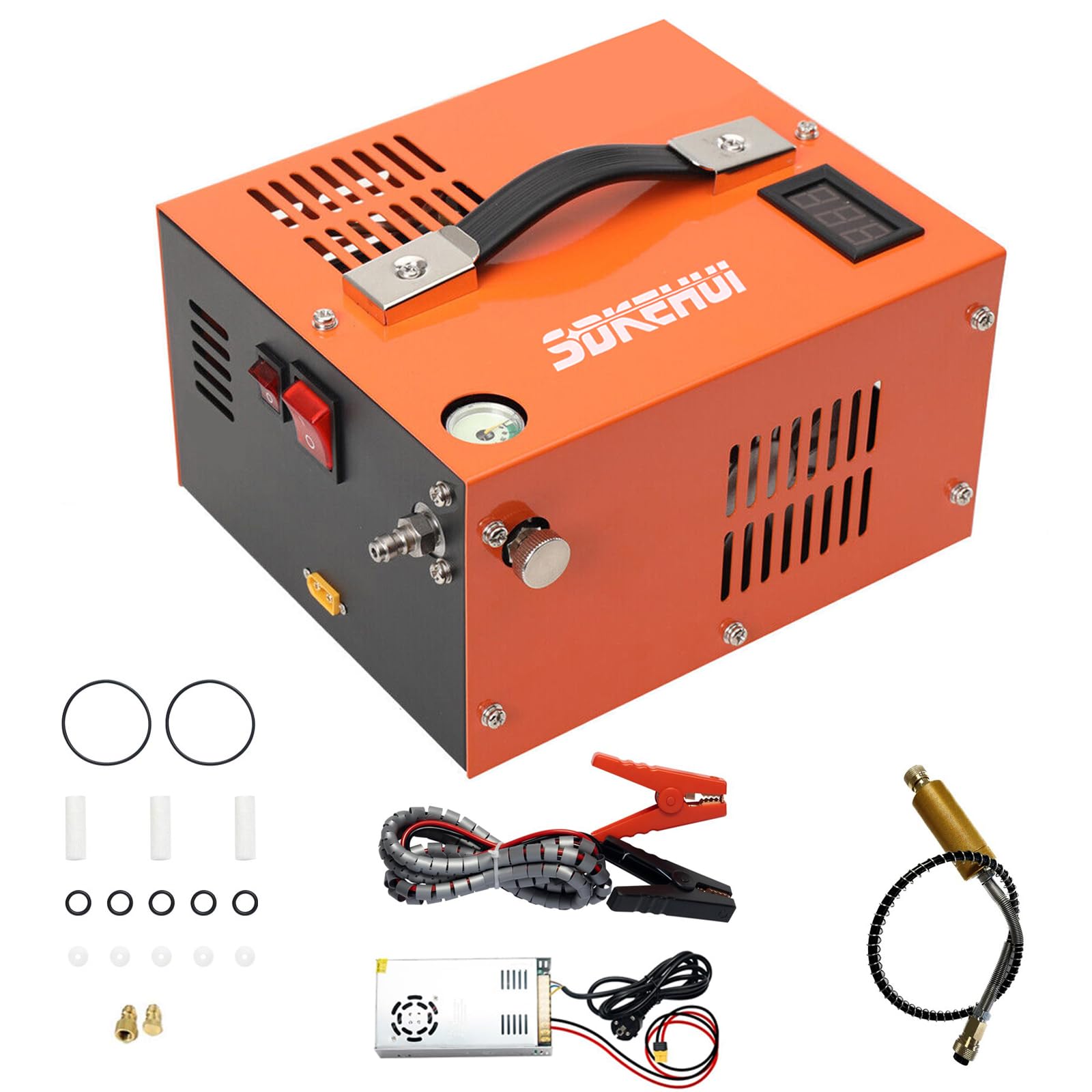 PCP Air Compressor, 4500PSI Portable Oil-Water Separator Esiccant PCP Compressor, 12V DC/110V AC PCP Airgun Compressor, QF adapter, Built-in Fan, Suitable for Paintball, Air Rifle, Scuba Bottle
