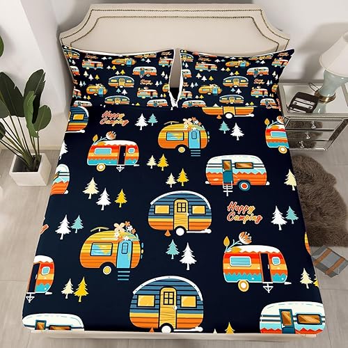 Vista 47 de Camper Decor Sábanas de cama Happy Camping, sábana bajera ajustable de campamento con juego de cama de montaña, juego de cama de verano para Multi 04