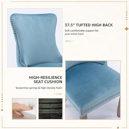 Miniatura 4 de Juego de 4 sillas de comedor de terciopelo, sillas de comedor tapizadas con respaldo de alas altas con ribete de cabeza de clavo, patas de madera 19