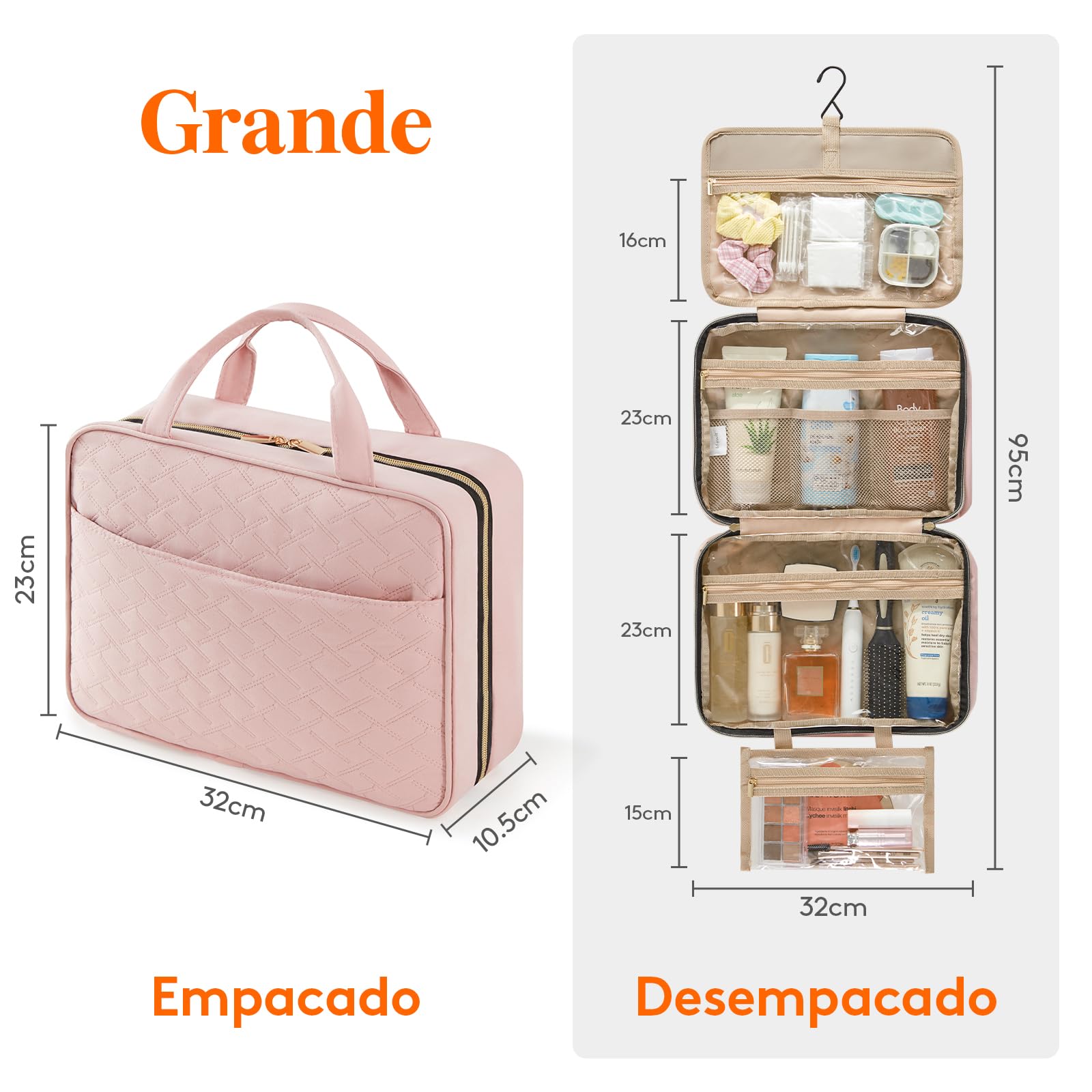 Lifewit Neceser Mujer Viaje, Bolsa de Maquillaje Organizador para Colgar, Grande Bolsas de Aseo con 4 Compartimentos Transparentes, Makeup Bag con Gancho, Grande, Rosa
