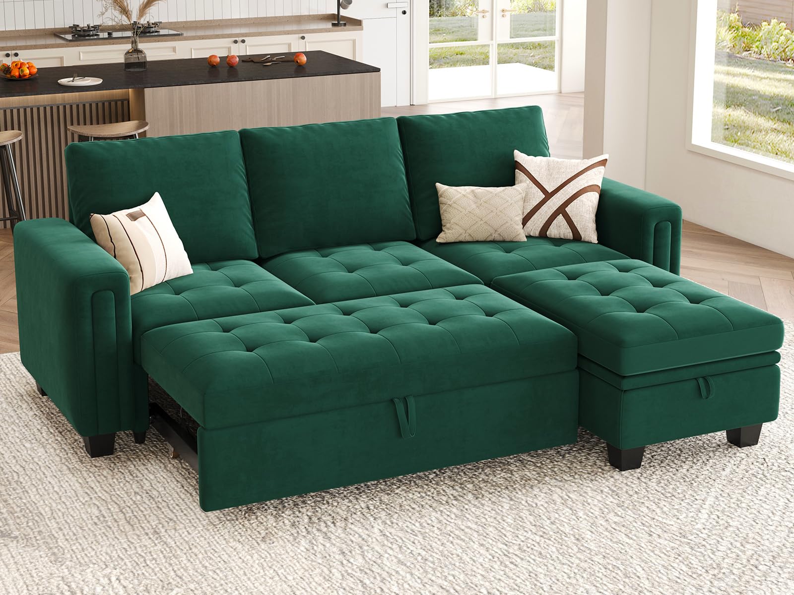 Belffin Sectional Sleeper Sofa with Pull Out Couch Bed Modular Sectional Sofa with Storage Velvet L Shaped Couch Sleeper Bed Green