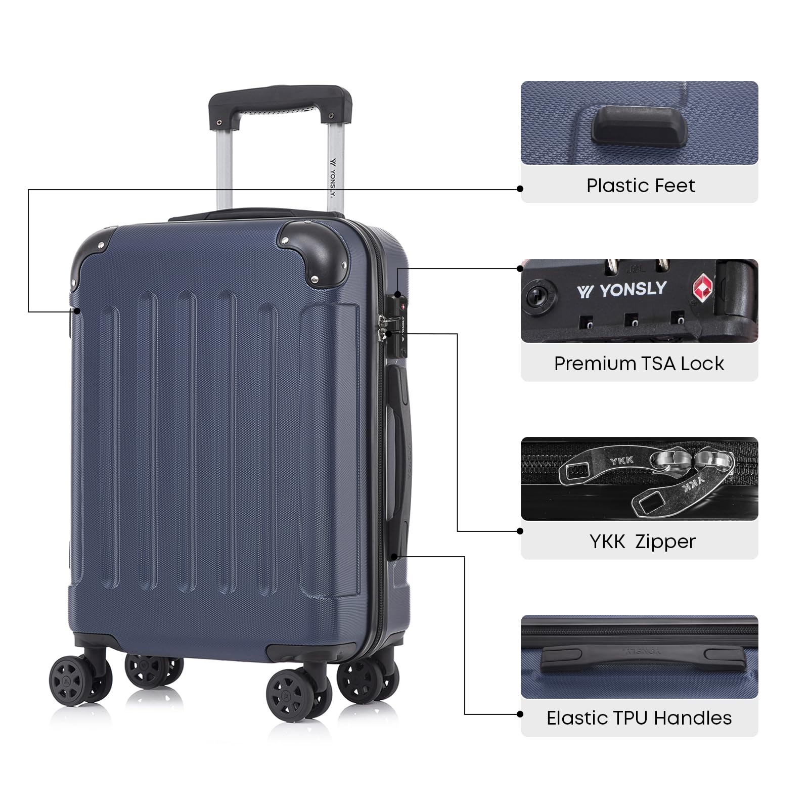 Valigia da Viaggio con Lucchetto TSA e Cerniera YKK, Guscio Rigido, 4 Ruote a 373°, Lucchetto a Combinazione, Maniglia Telescopica (Blu scuro, XL) | Valigia rigida, 4 ruote pivotanti a 360°, maniglia telescopica