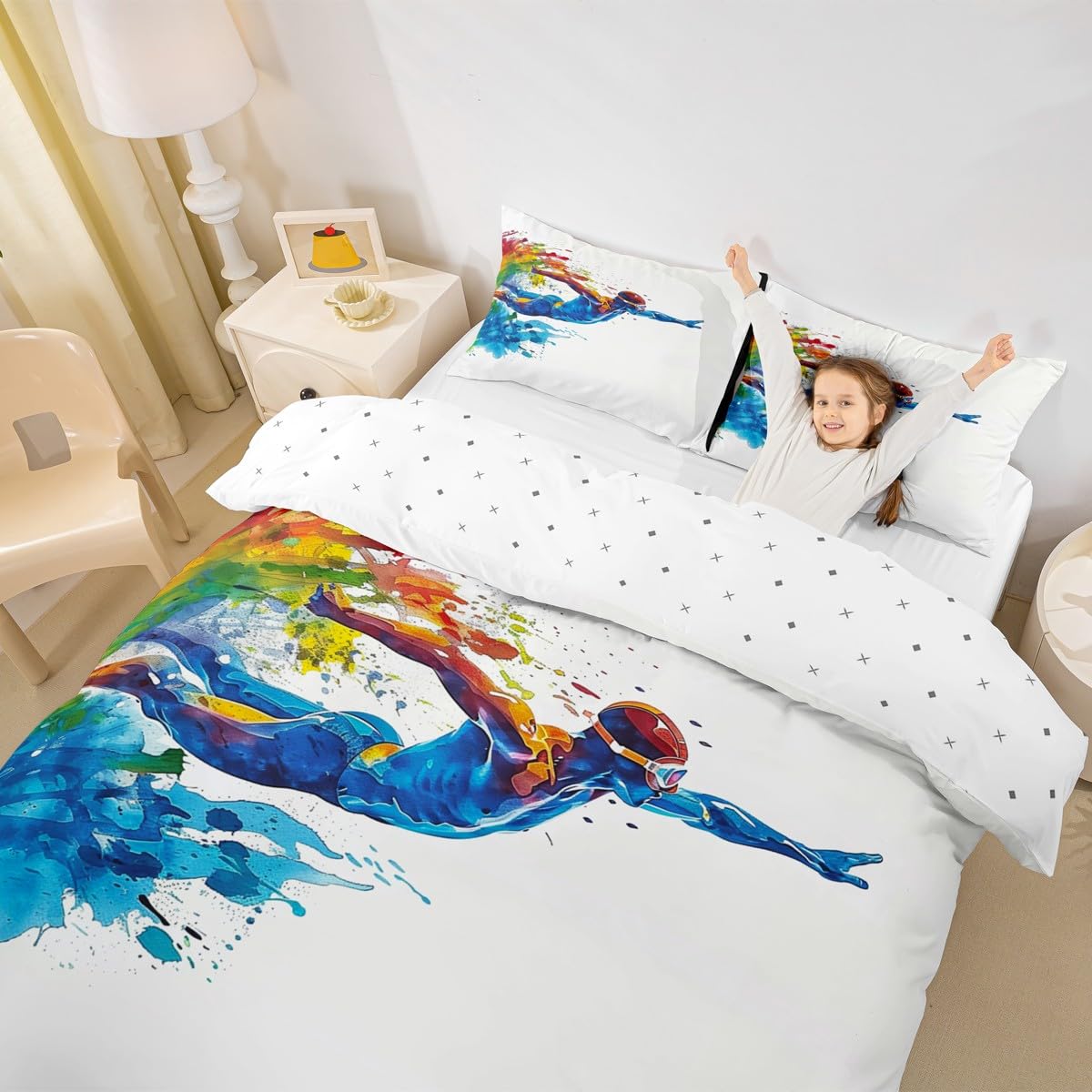 Homewish Kids Swimming Bedding Set Swimmer Sports Gaming Duvet Cover Water Sports Theme Bed Set Super King Size For Teen Adults,Swim Player Colorful Tie Dye Bedspread Cover