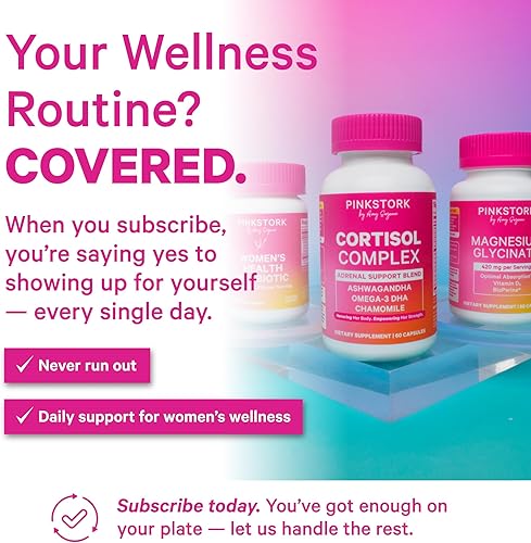 Miniatura 4 de Pink Stork Suplementos de cortisol para mujeres, apoyo suprarrenal + administrador del estrés con Ashwagandha orgánica, Omega 3, azafrán,