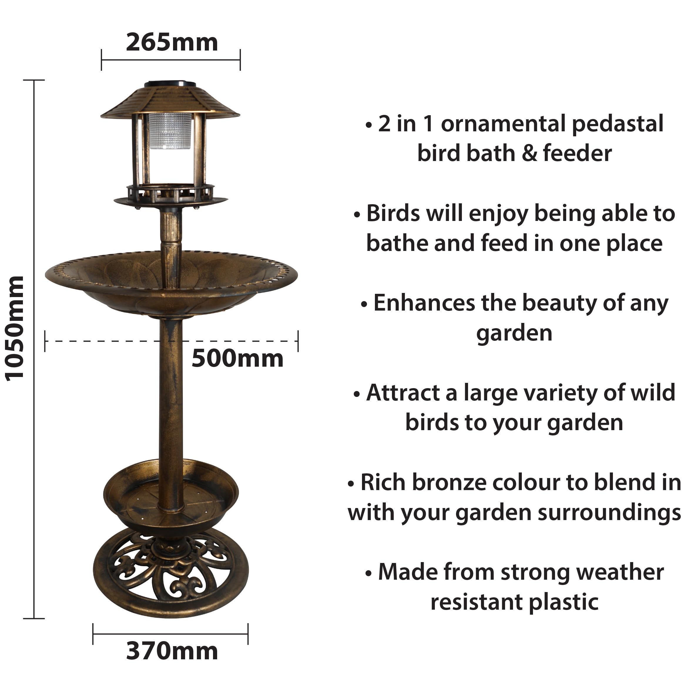 St Helens Home & Garden Ornamentale freistehend, wetterbeständig, Sockel-Stil, einfache Montage, Vogeltränke und Futterstation mit solarbetriebenem Licht