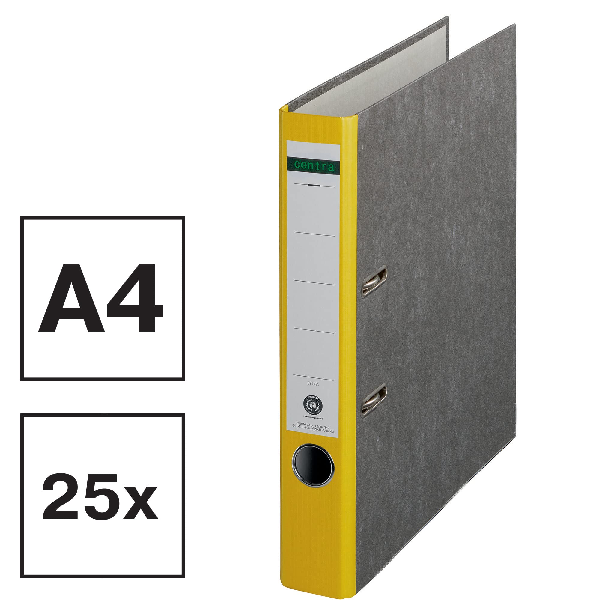 Centra Raccoglitore standard, marmo nuvoloso, confezione da 25, riciclato Blue Angel, certificato LGA, A4, larghezza 5,2 cm, fino a 350 fogli (80 g/m²), protezione bordi, foro per le dita, giallo,